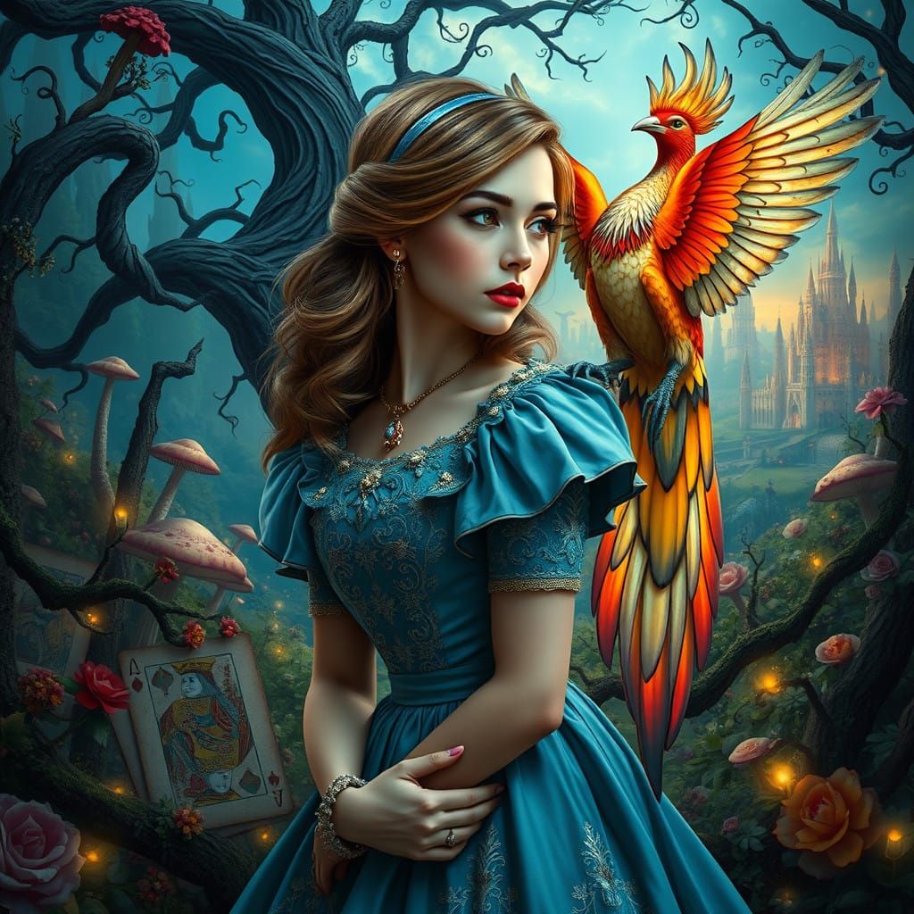 Enigmatic Alice Surrounded by Wonder with Vibrant Phoenix Co...