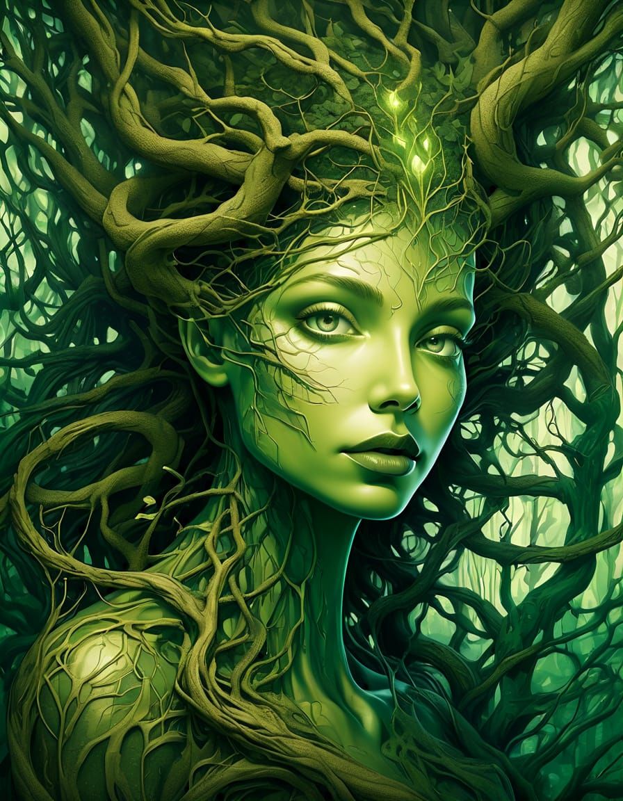 Surreal Dryad Emerges from Roots in Enchanted Forest