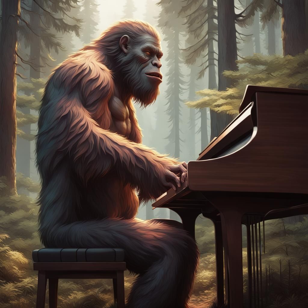 Bigfoot Plays Piano: Detailed Forest Portrait
