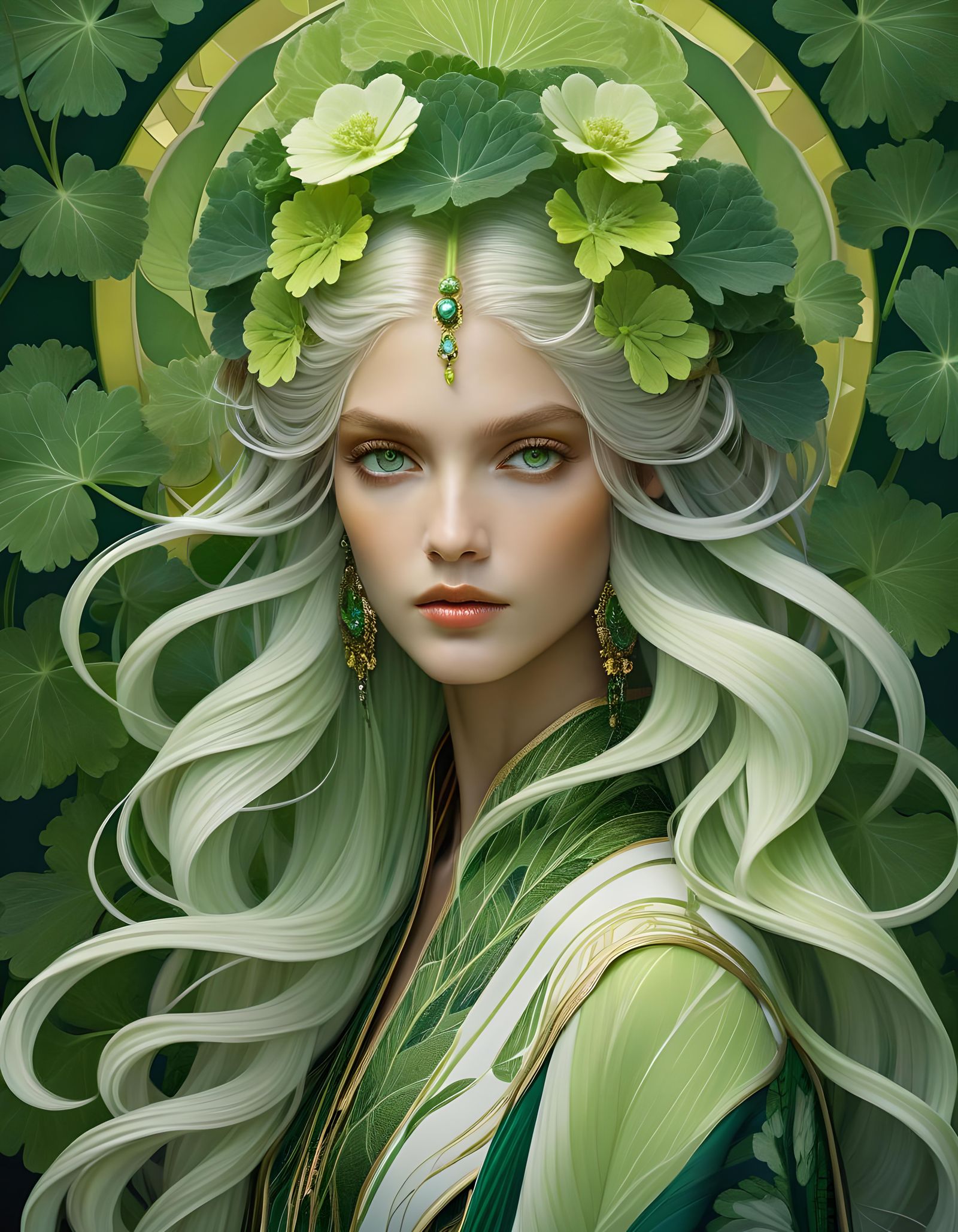 Botanical Portrait with Flowing Hair, Hyperrealistic Detail
