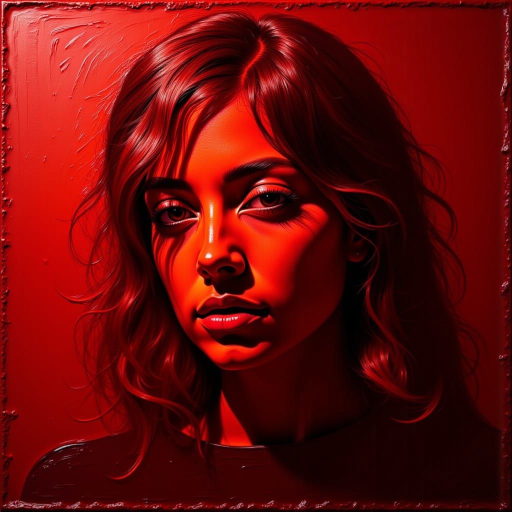 Crimson Portrait in Encaustic Style with Golden Hour Light