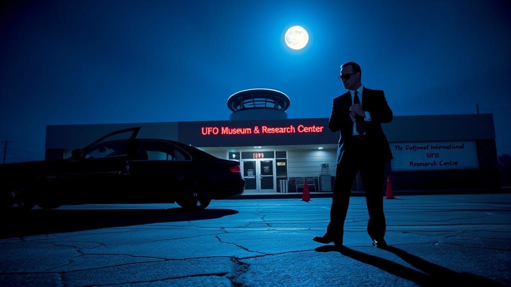 Men in Black at UFO Museum: Cinematic Night Scene