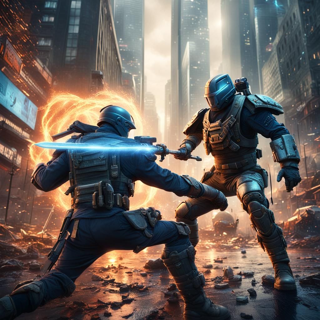 Futuristic Soldiers Duel with Swords in Cityscape