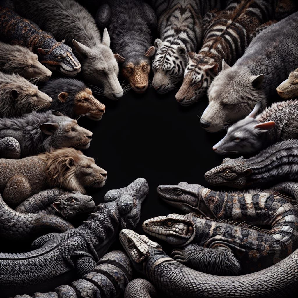 Animals Cuddling in Circle: Hyperrealistic Surreal Scene