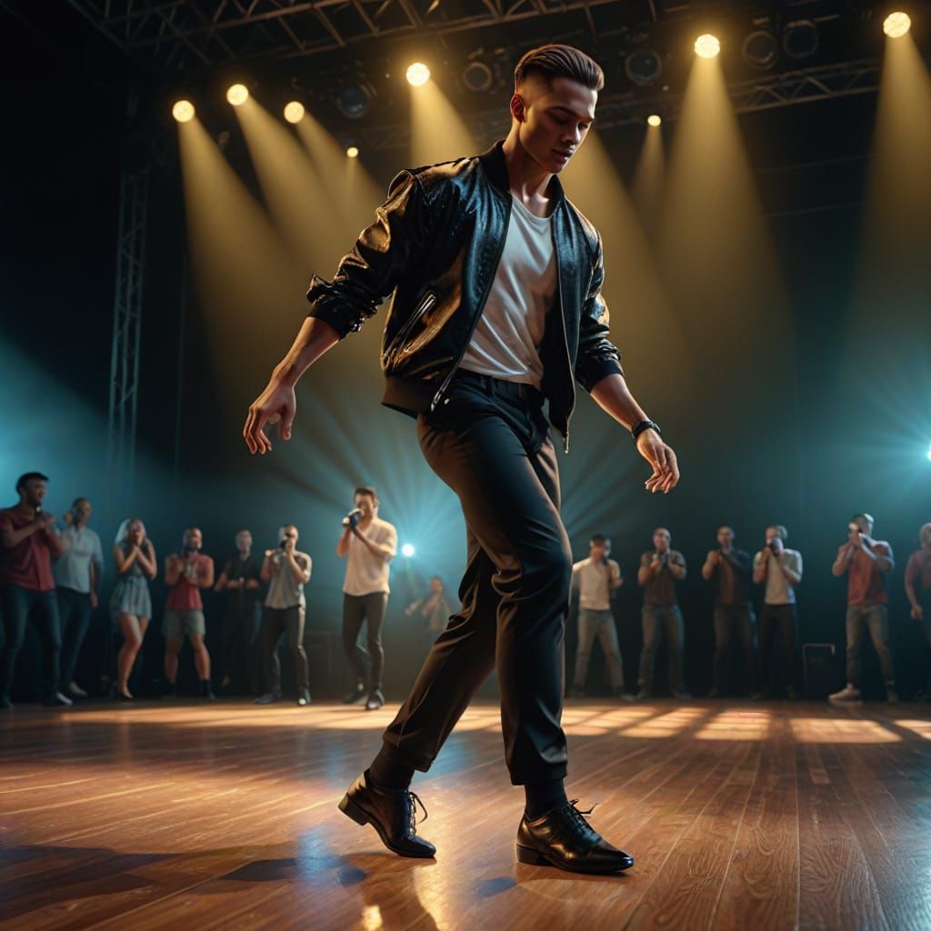 Energetic Male Dancer on Stage in Photorealistic Style