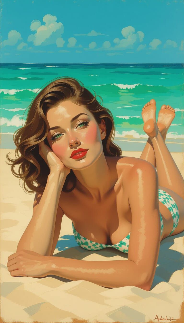 Woman on Beach in Realistic Style