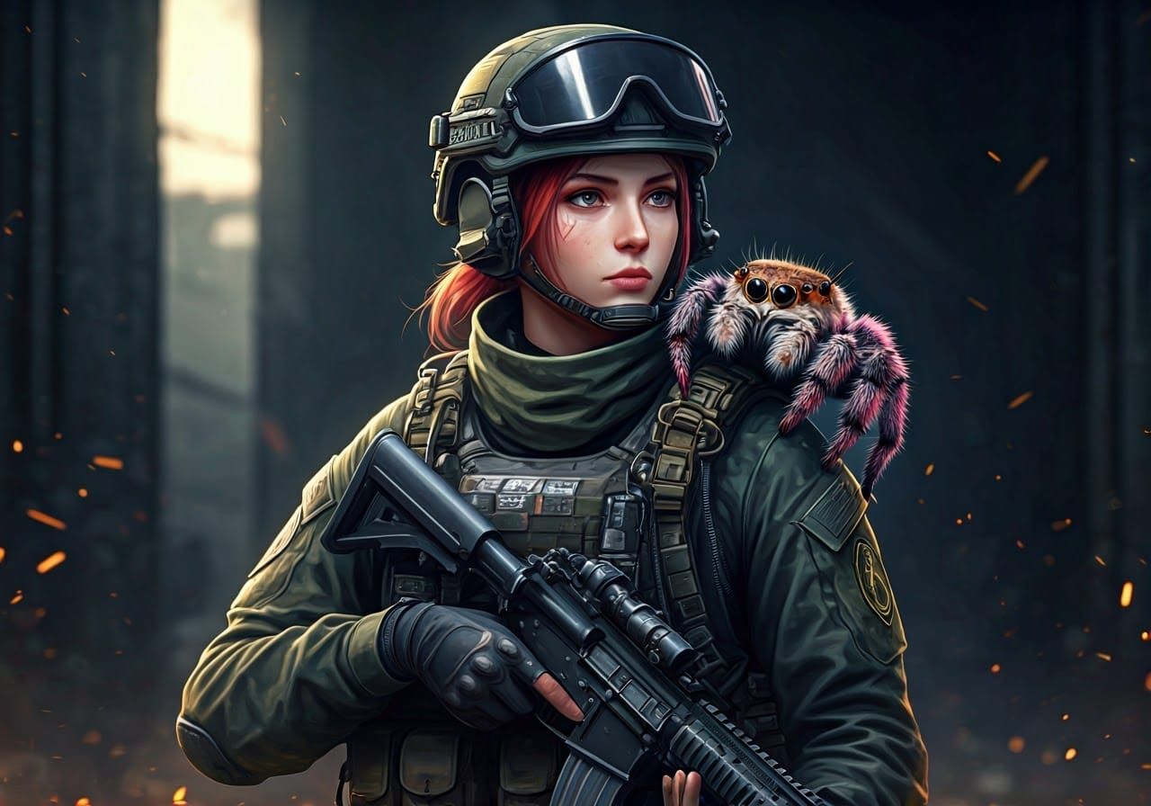 Female Soldier Stands with Tactical Spider Companion in War-...