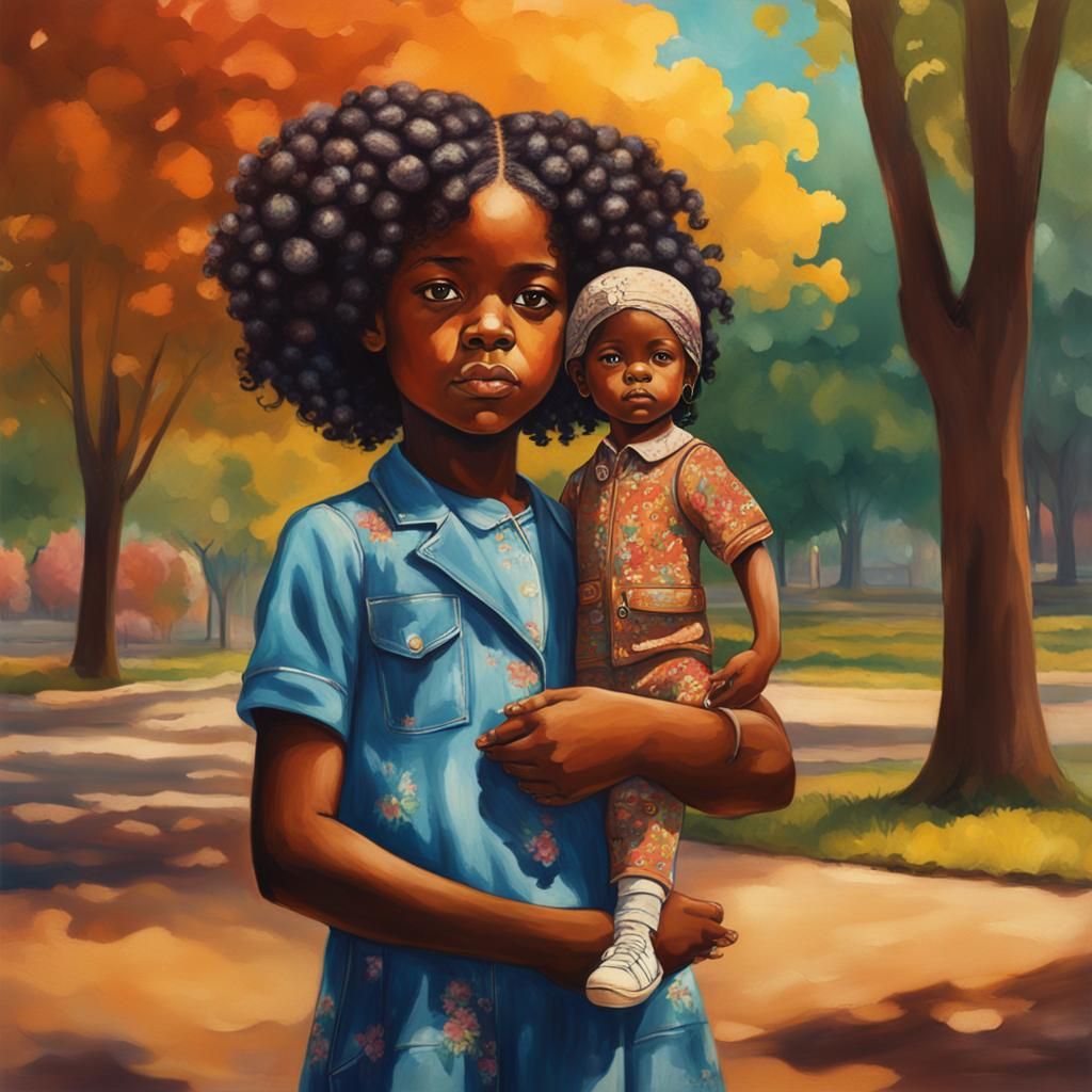 Black Girl with Doll in Park: Hyperrealistic Art
