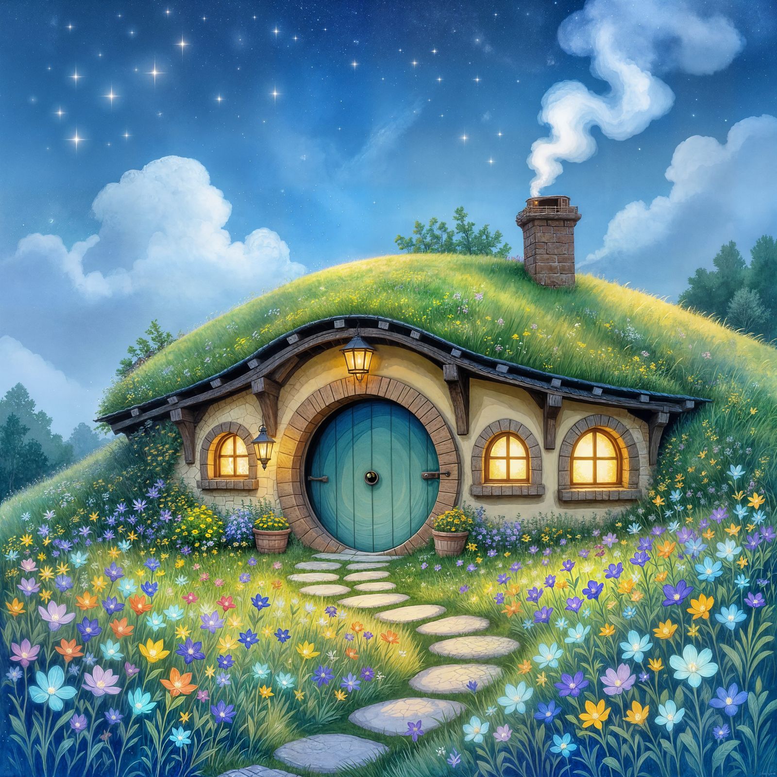 Cozy Hobbit Hole with Bioluminescent Flowers