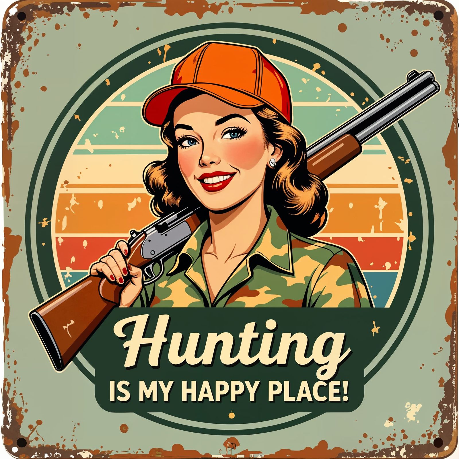 Vintage Hunting Emblem with Retro Woman and Slogan