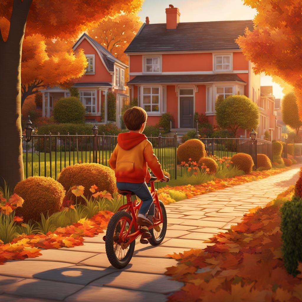 Boy Rides Bike in Autumn, Golden Hour Lighting