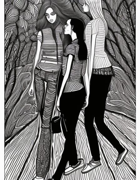 Stylized Ink Drawing of Three Women Walking