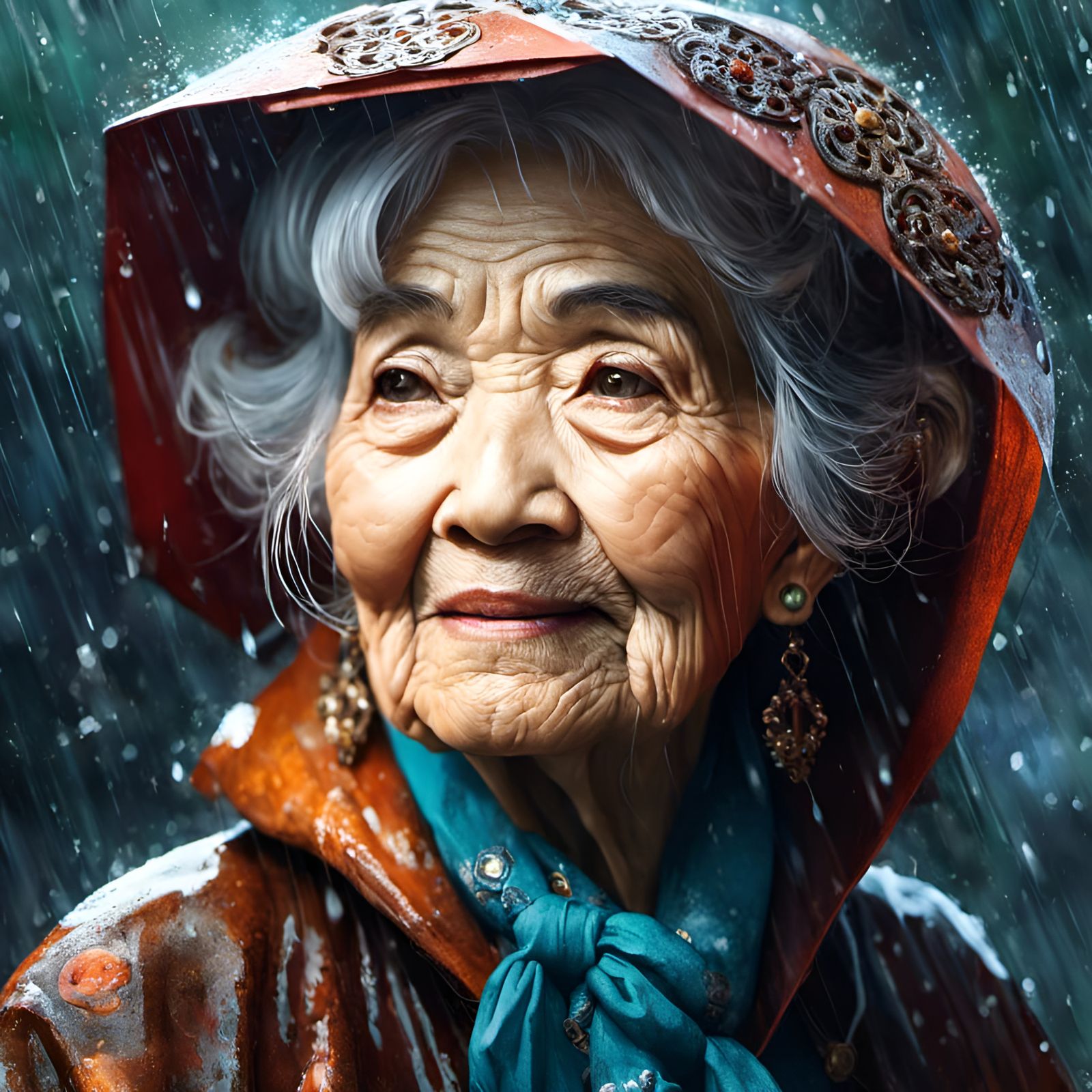 Grandma in Rainy Portrait with Intricate Details