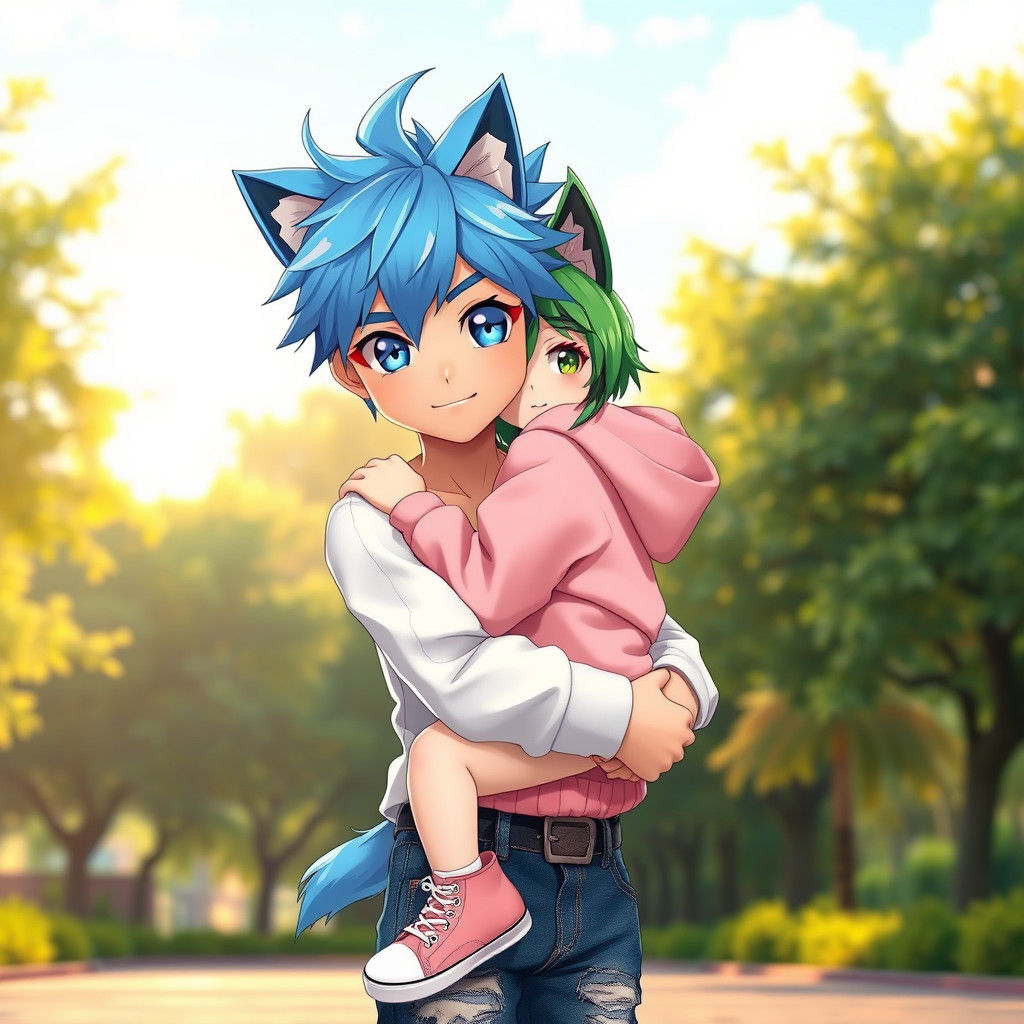 Boy and Girl with Animal Features Hugging in Park