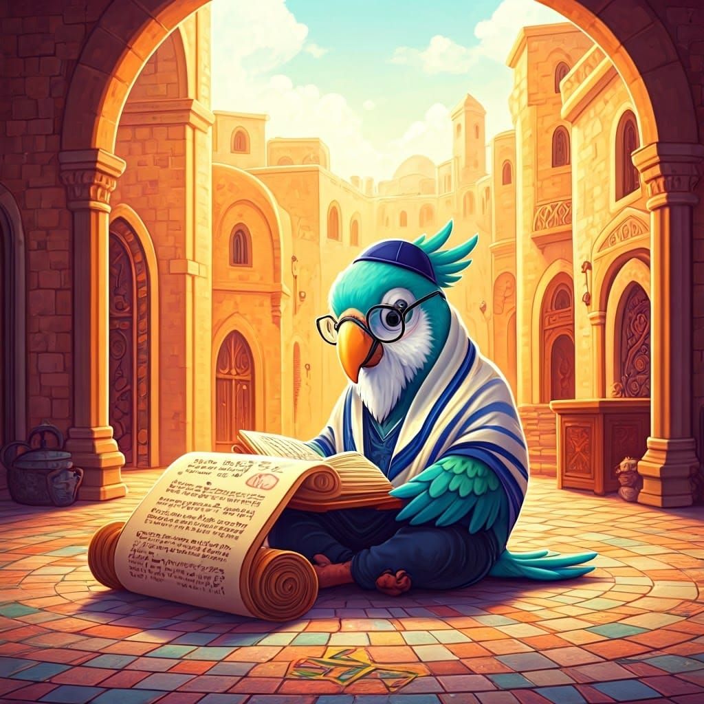 Whimsical Rabbi Parrot Studies Torah in Vibrant Jerusalem Vi...