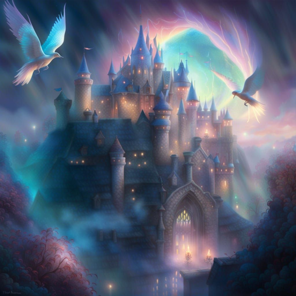 Magical Fantasy Cityscape with Castle in Soft Light