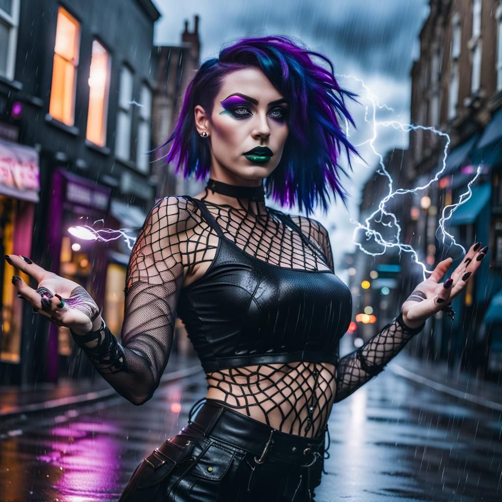 Gothic Girl Conjuring Magic in Rainy Cityscape
