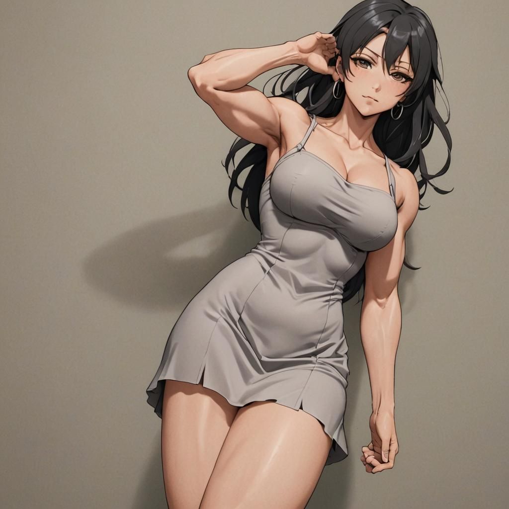 Muscular Anime Woman with Bare Feet in Cute Pose