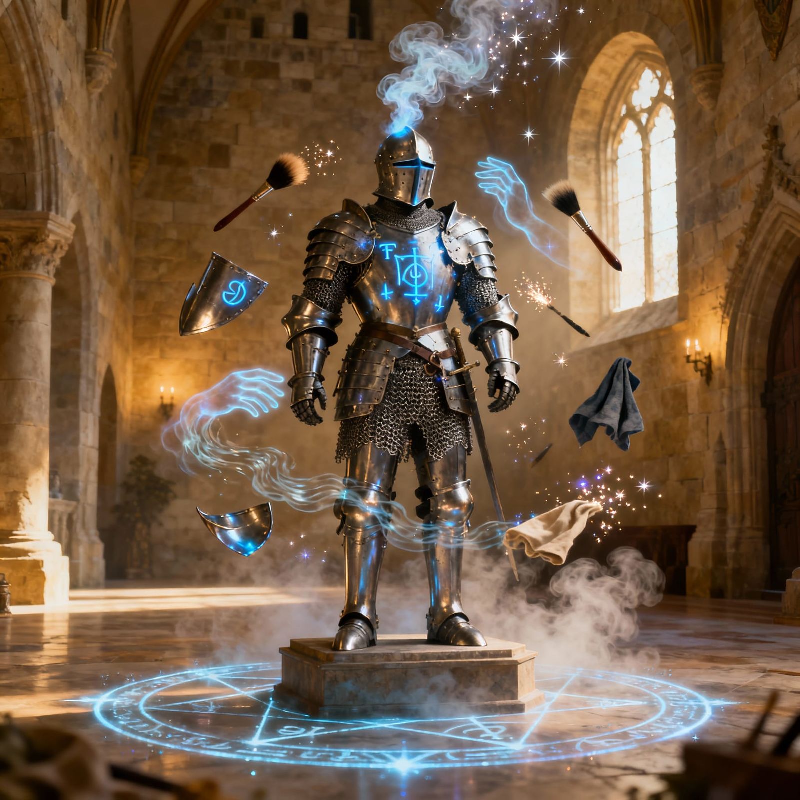 Enchanted Armor Self-Polishing in Majestic Castle Hall