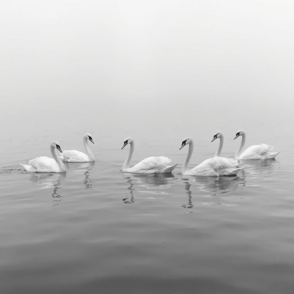 Six (3.0) silver swans swim silently seaward. monochromatic romanticism