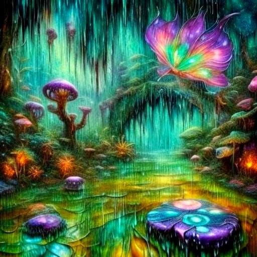 Psychedelic Fairy Sanctuary in Wet-on-Wet Encaustic Style