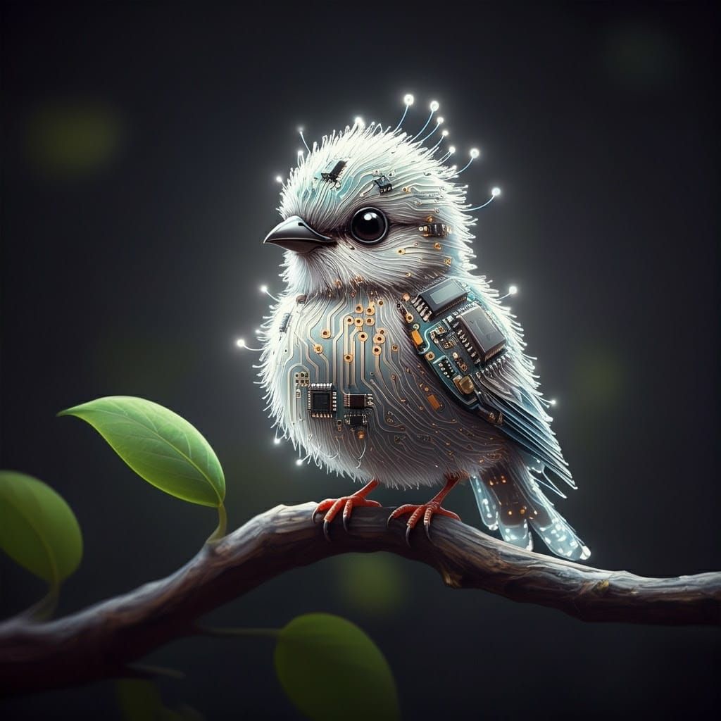 Circuit Board Bird on Branch: Surrealist Concept Art