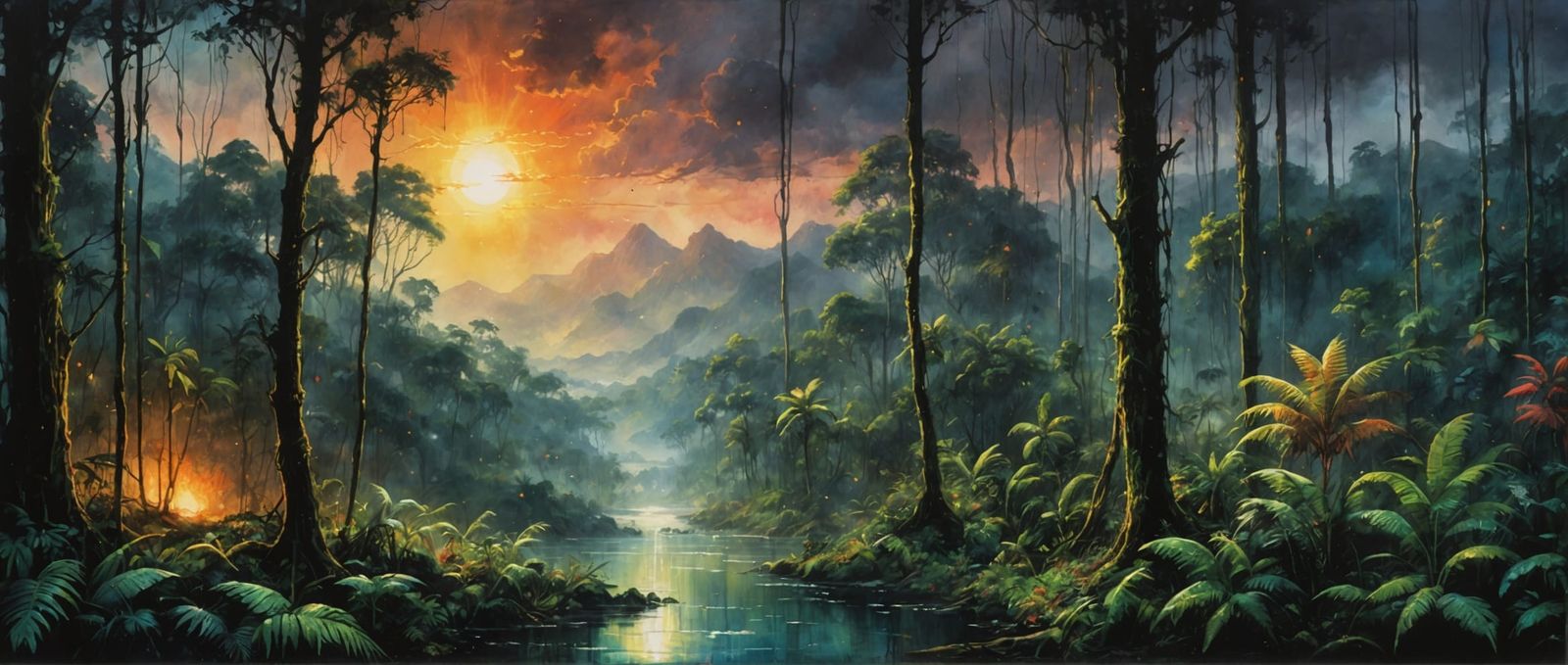 Mystical Rainforest Sunset in Watercolor Style