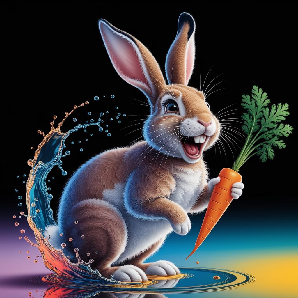 Laughing Rabbit Escapes with Carrot: Surreal Fine Art