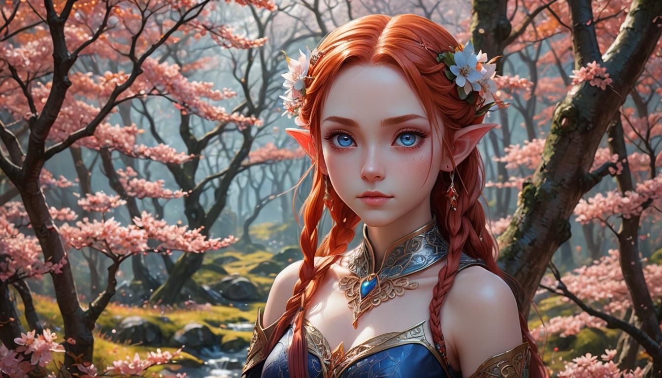 Gorgeous Elf in Plum Blossom Forest, Anime Style