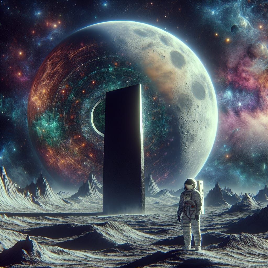 Astronaut Stands Beside Lunar Monolith with Earth in the Dis...