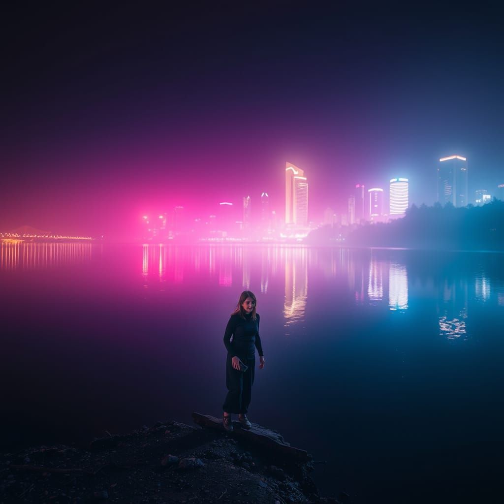 Neon Reflections: Surreal Cityscape at the Lake