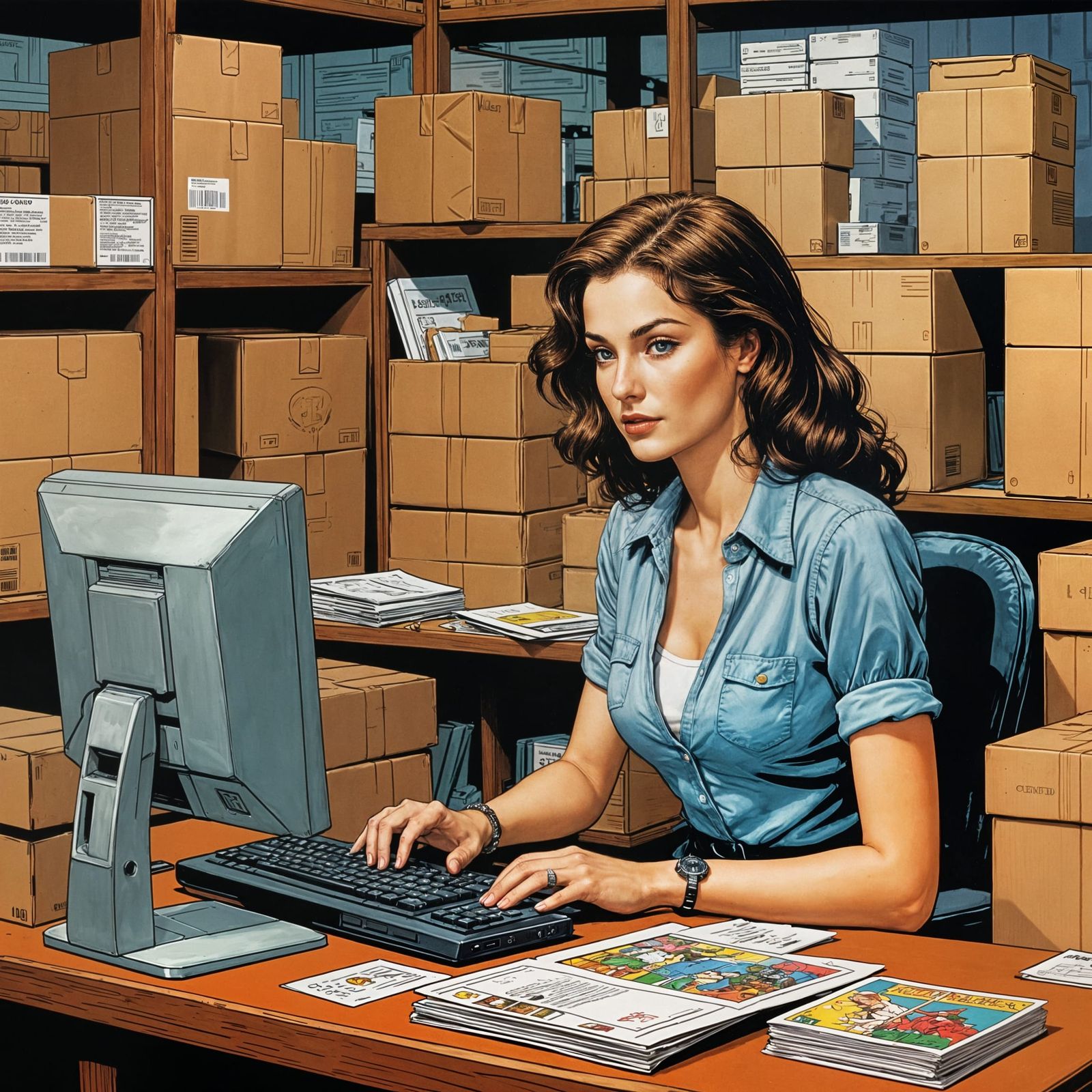 Woman Prepares Packages: Colorful Comic Book Illustration