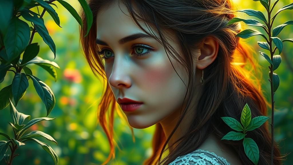 Woman in Lush Landscape: Hyperrealistic Fantasy Art
