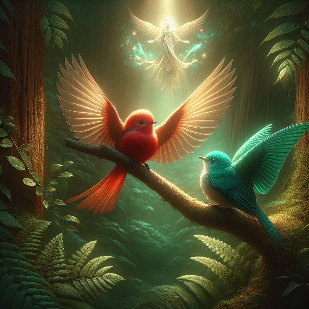 Red and Teal Songbirds in Classic Realism