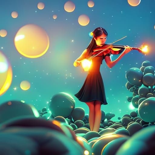 Dreamy Surreal Painting of Bubbles and Violin