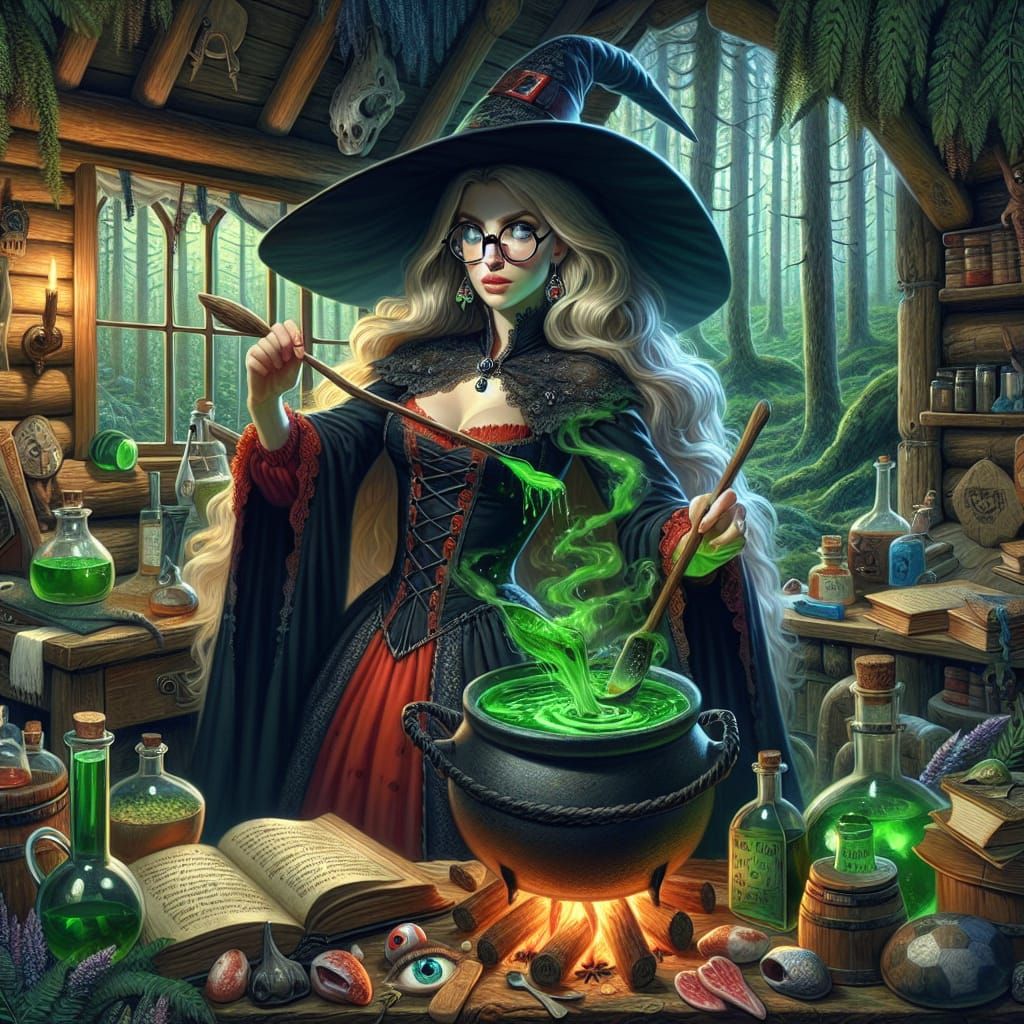 Enchanting Witch Brews Potion in Woodland Cabin