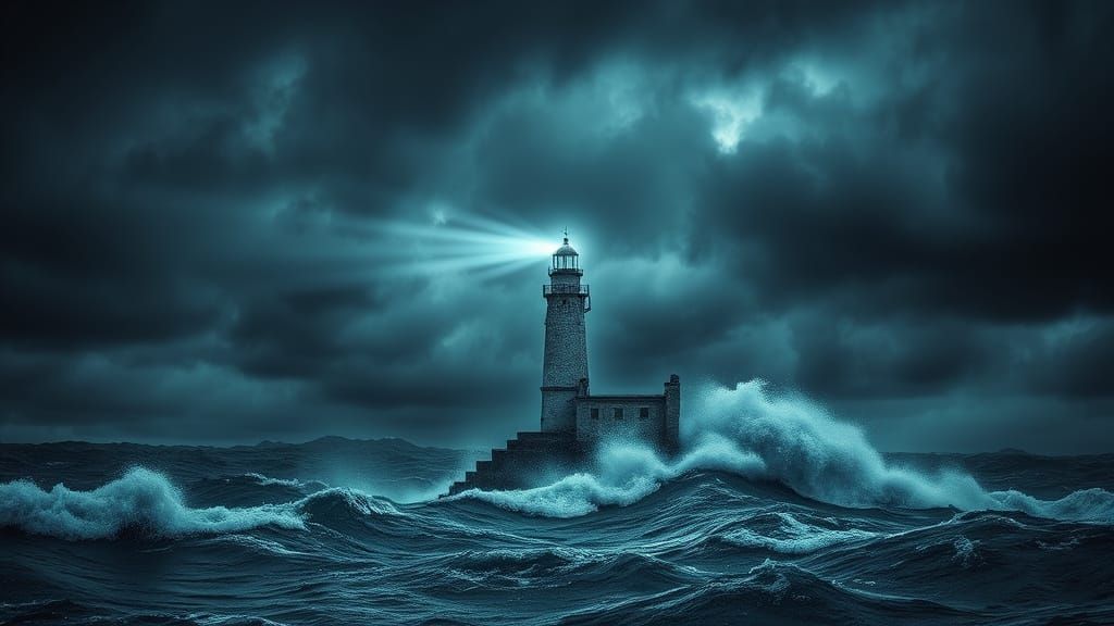 Lone Lighthouse Against Stormy Sea in HDR Style