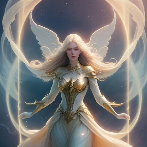 Ethereal Woman Ascending in Golden Light