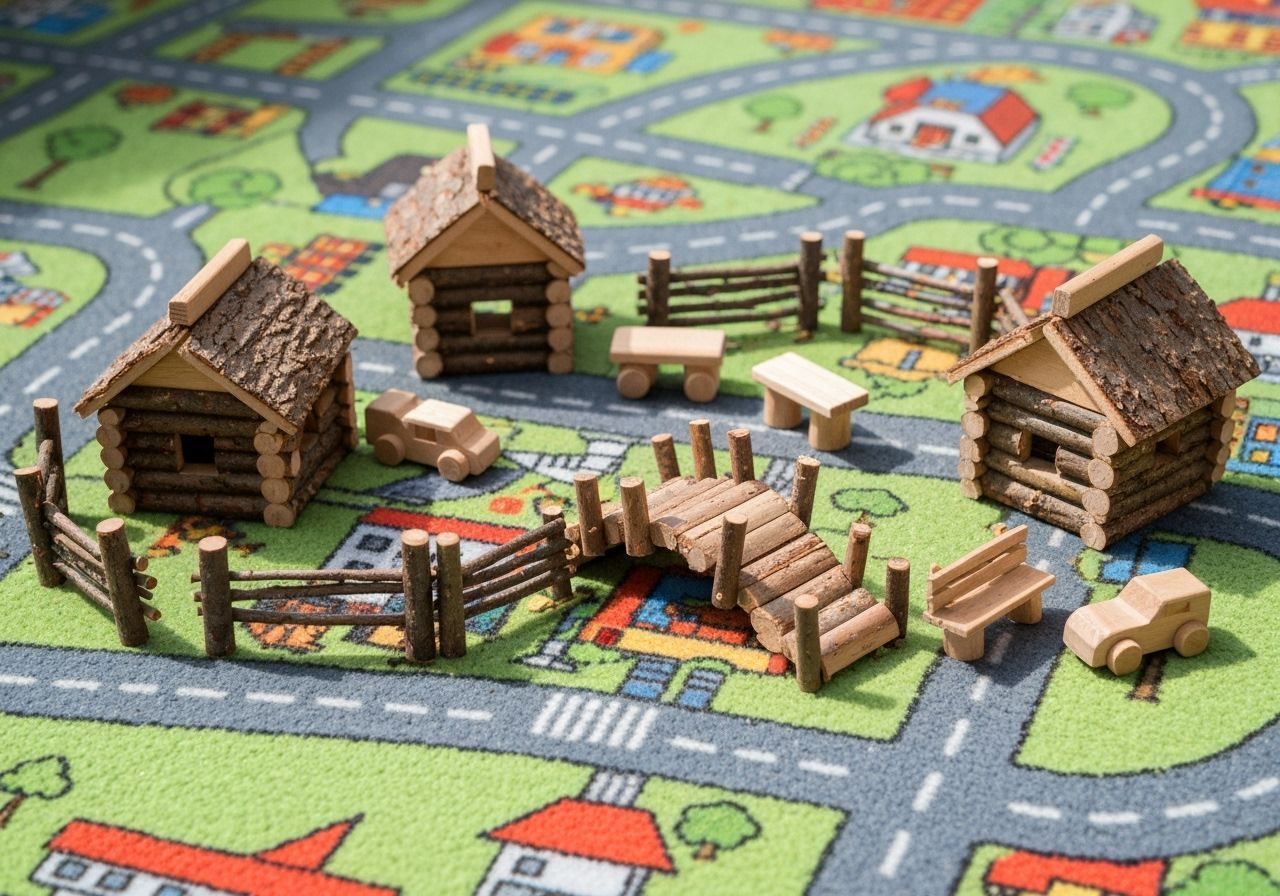 Photorealistic Wooden Miniature Village on Play Carpet
