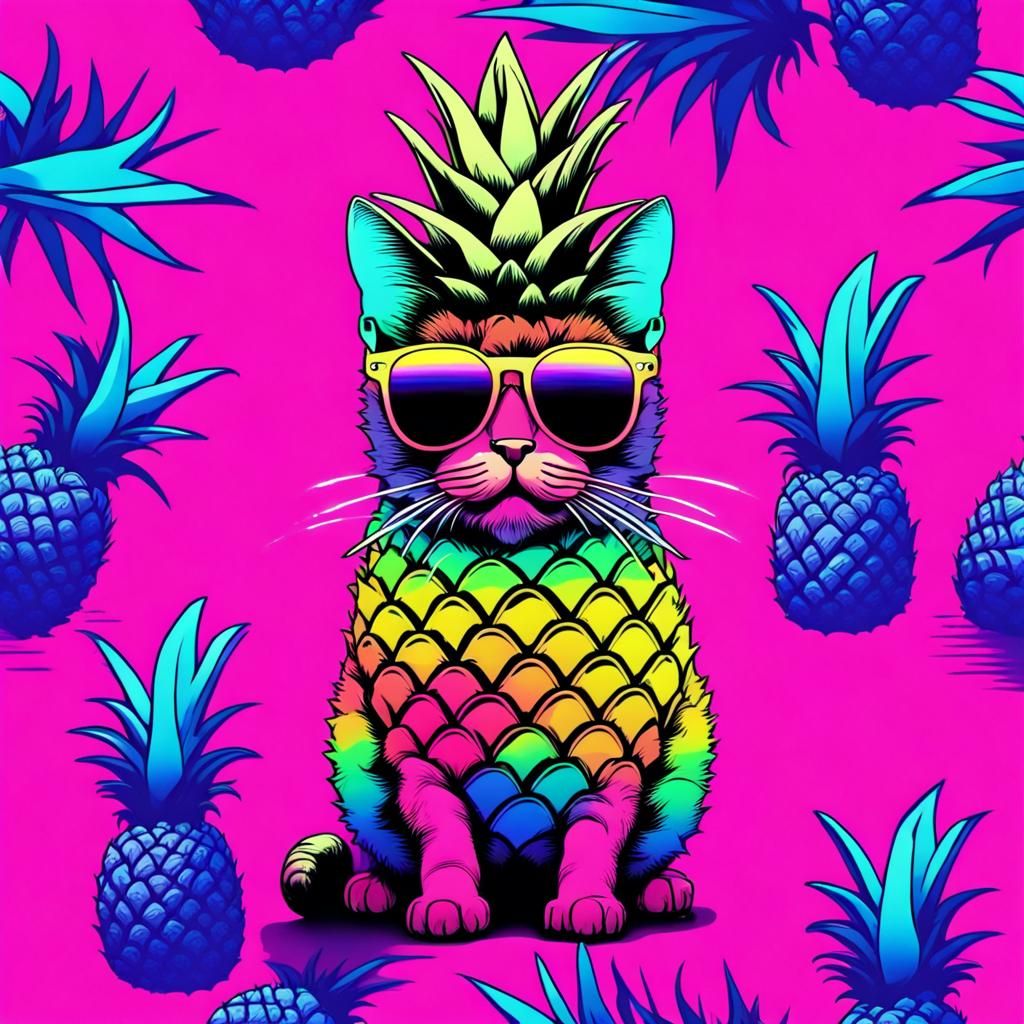 Rainbow Pineapple Cat in Synthwave Neon Style