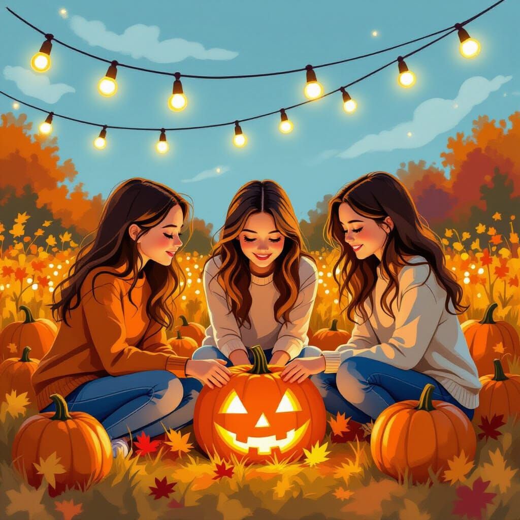 Teenage Girls in Flickering Pumpkin Patch Lights