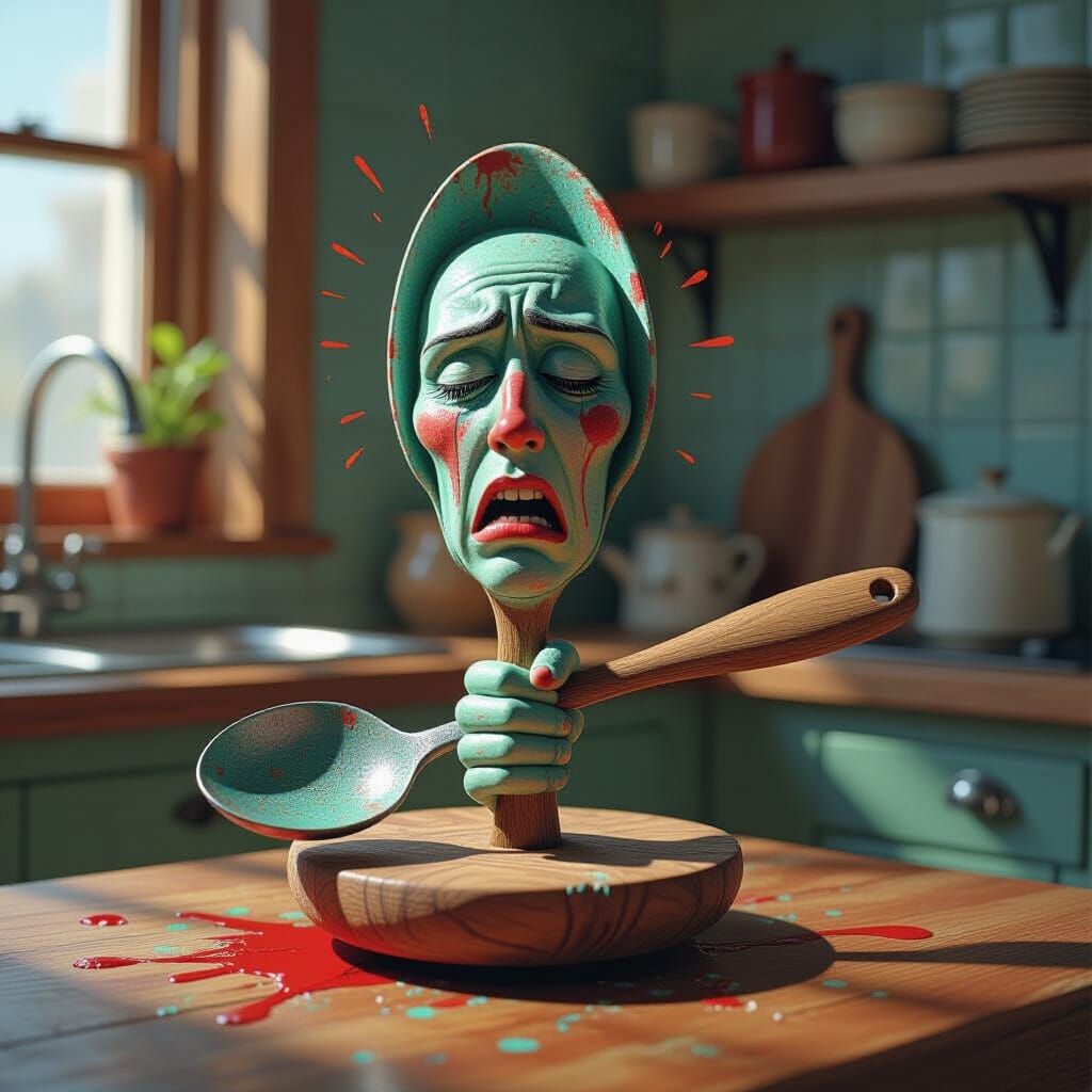 Expressive Spoon With Tormented Face in Vibrant Style