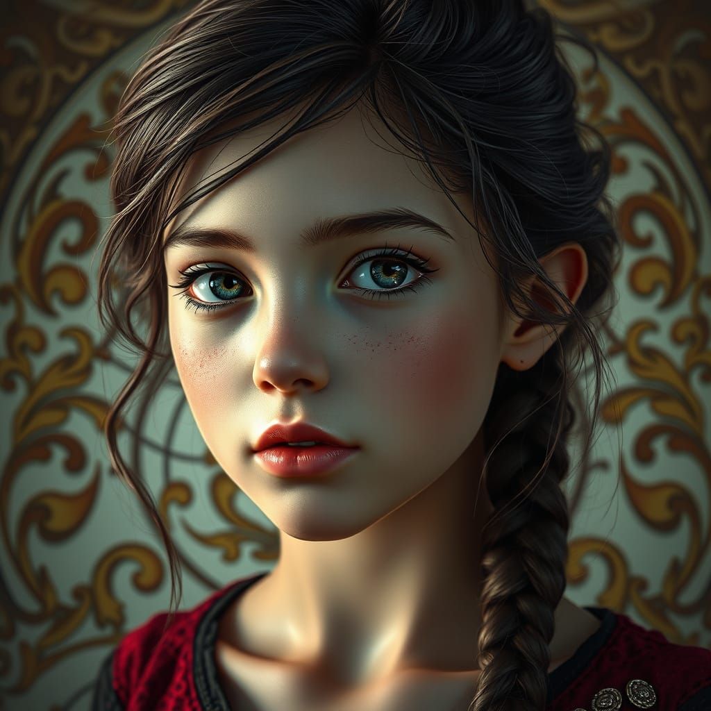 Hyper-Realistic Young Girl Portrait in Art Nouveau Style