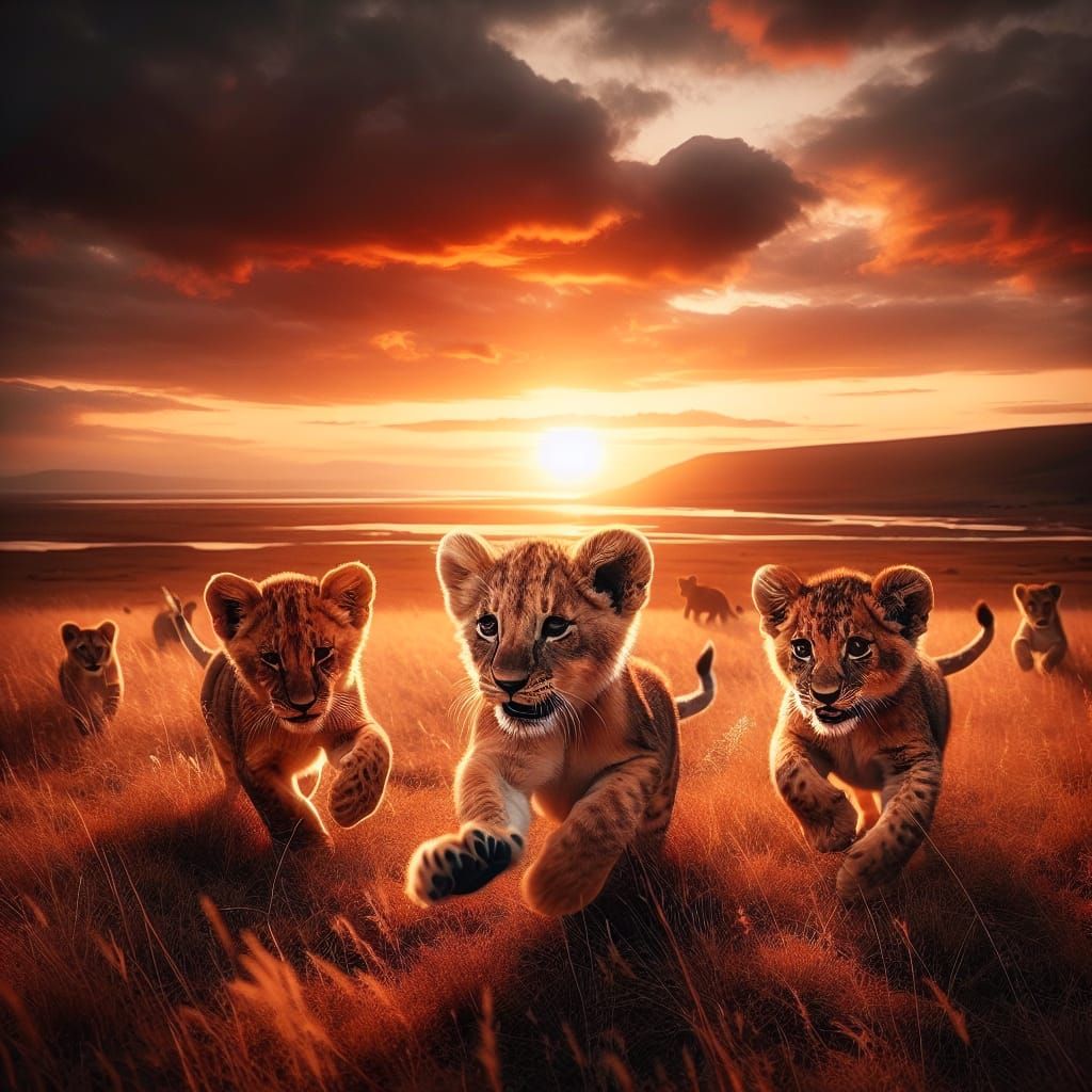 Lion Cubs Chase on the African Savanna