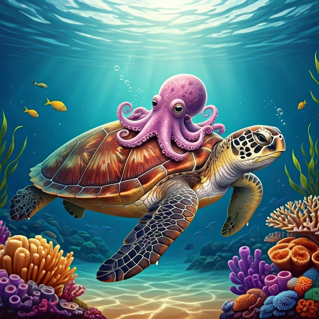 Lavender Octopus Rides Majestic Sea Turtle