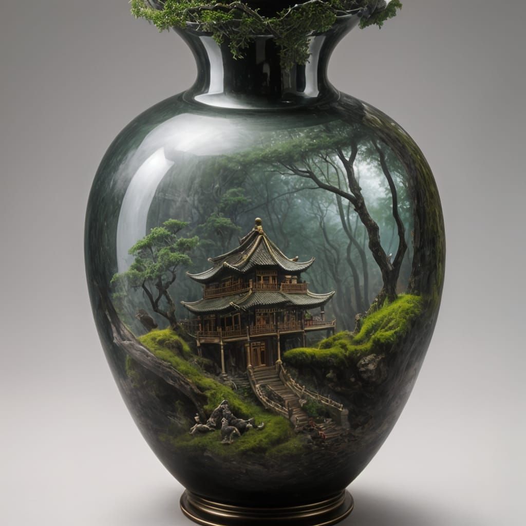 Enchanted Forest Chinese Vase in Dreamlike Light