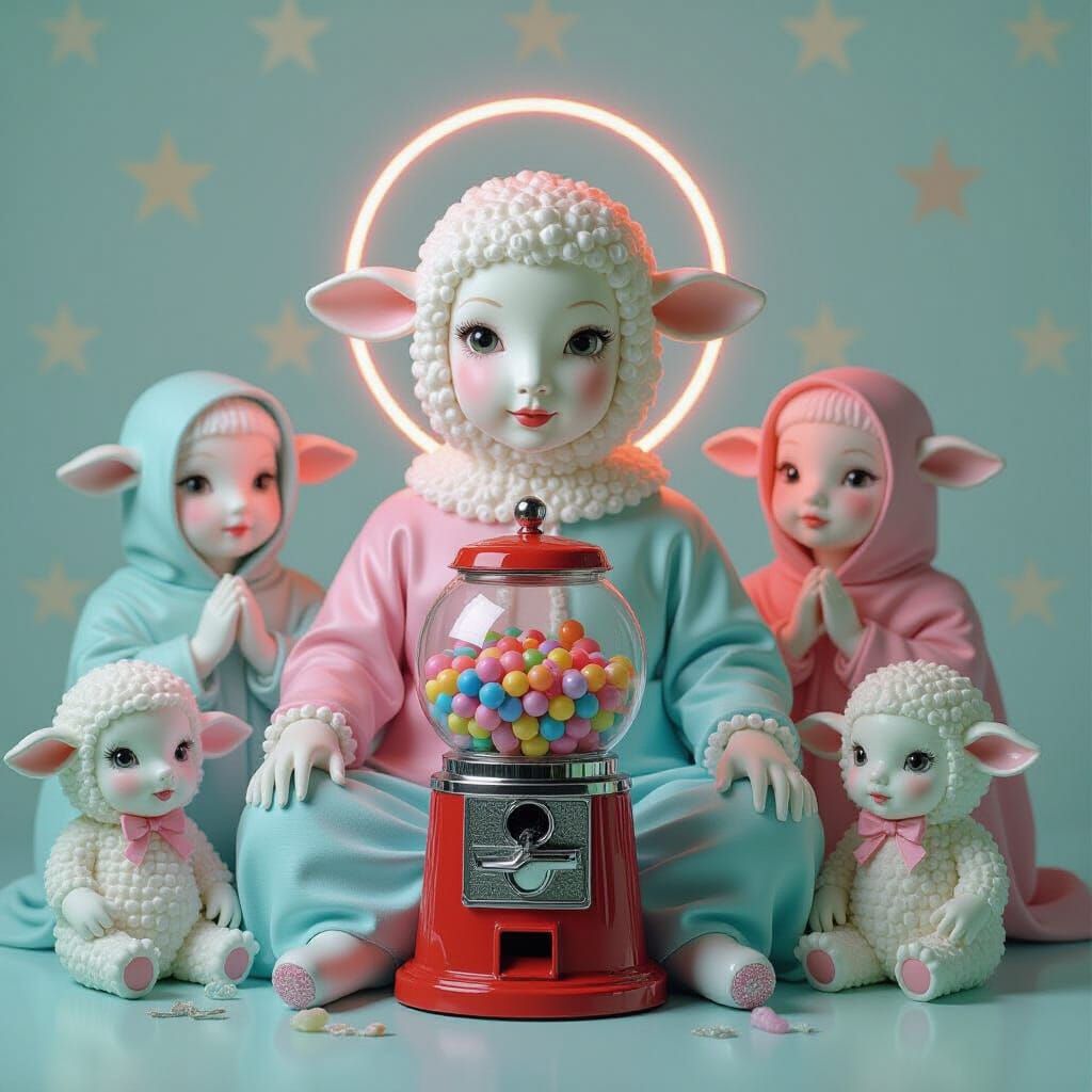 Surreal Two-Headed Sheep Statue in Retro-Futurist Style