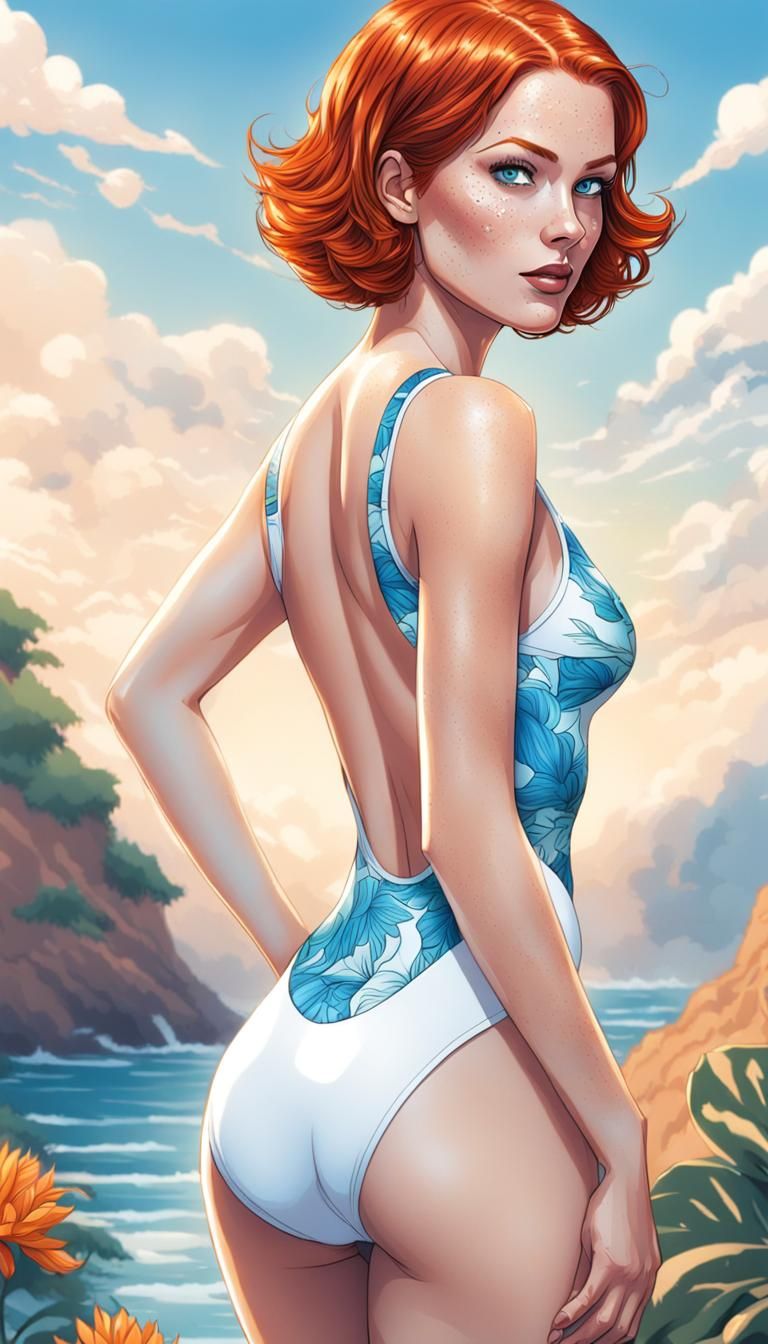 Redhead Woman in White Swimsuit, Comic Book Art