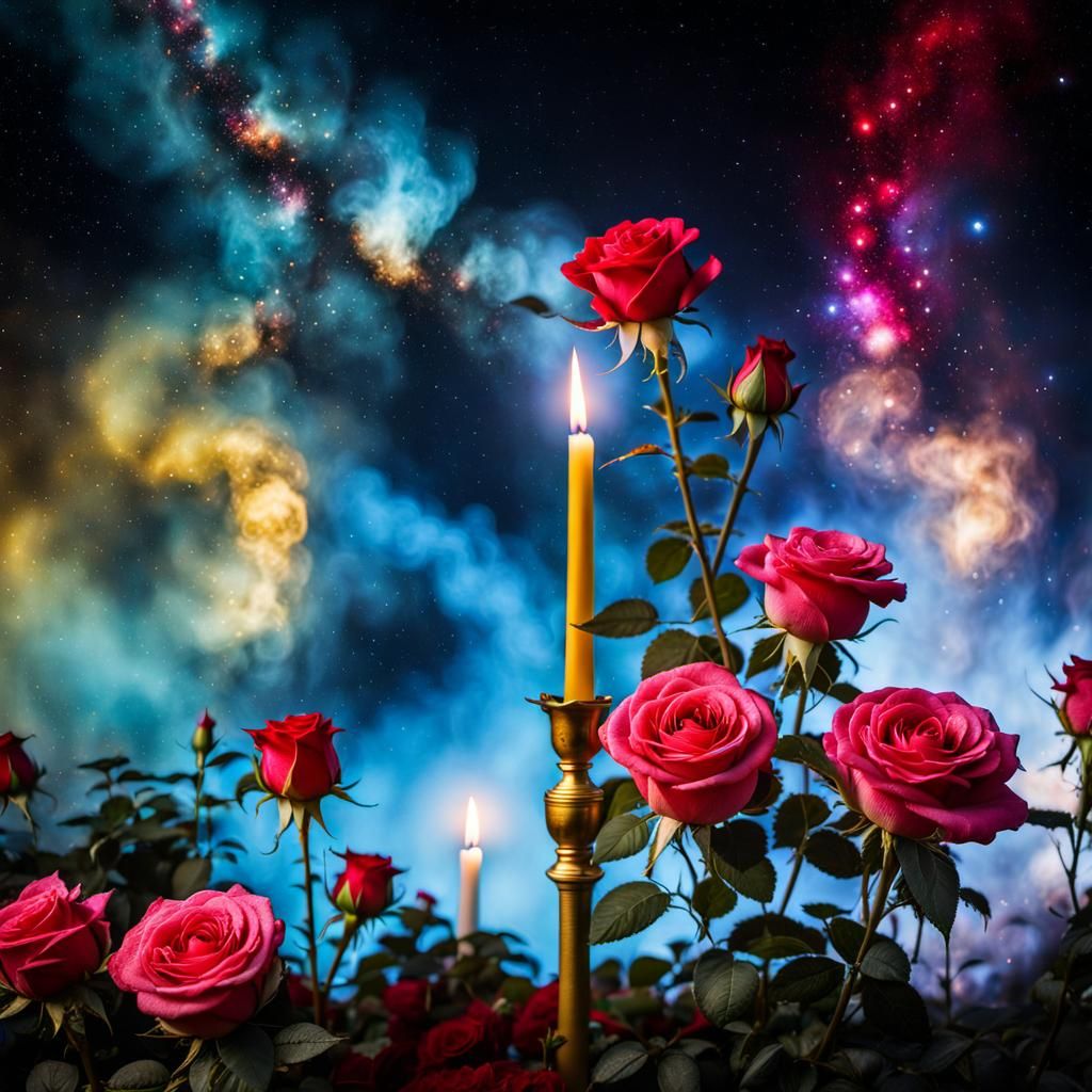 Rose Garden at Night Under Nebula Sky
