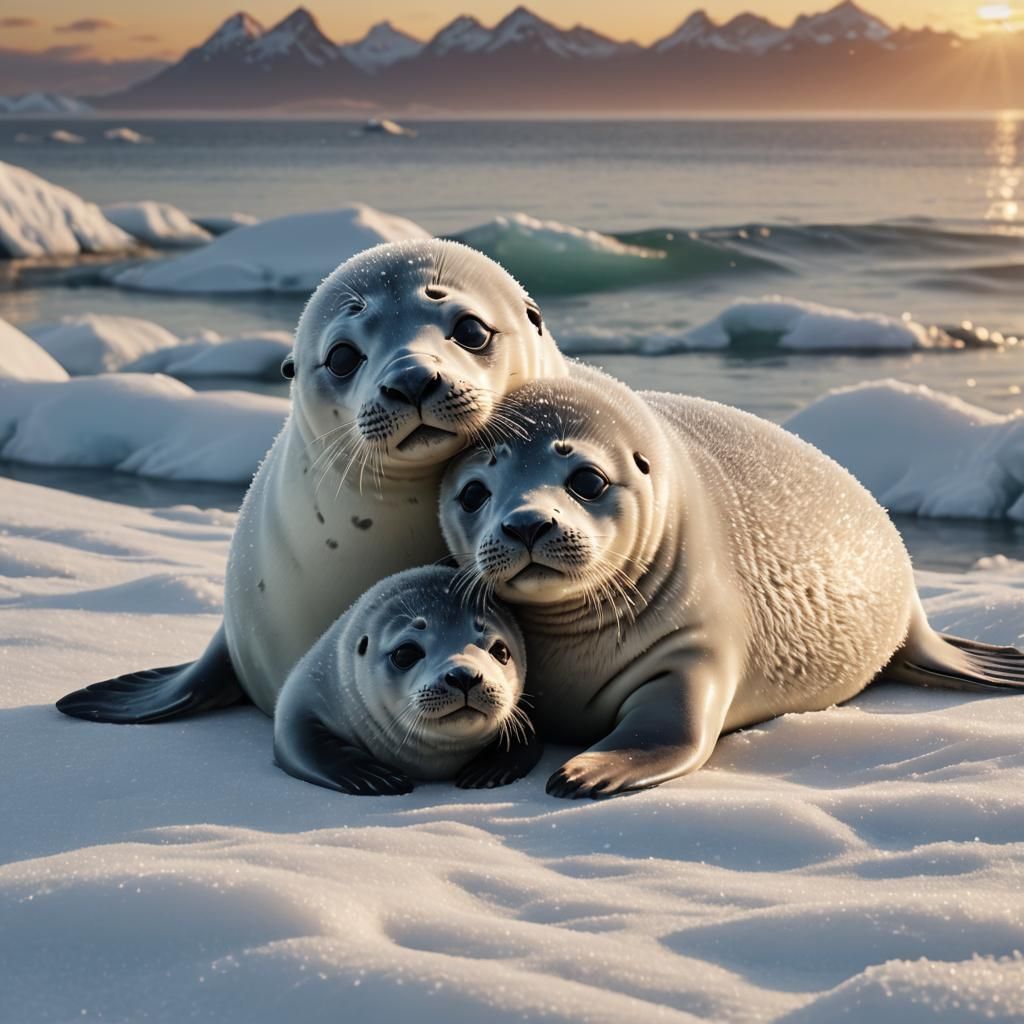 Adorable Baby Seal Nuzzling Momma at Sunrise